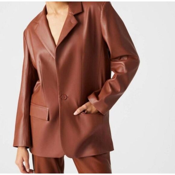 STEVE MADDEN Faux Leather Blazer in Cognac Oversized Fit Heavyweight Women's L - Picture 3 of 6
